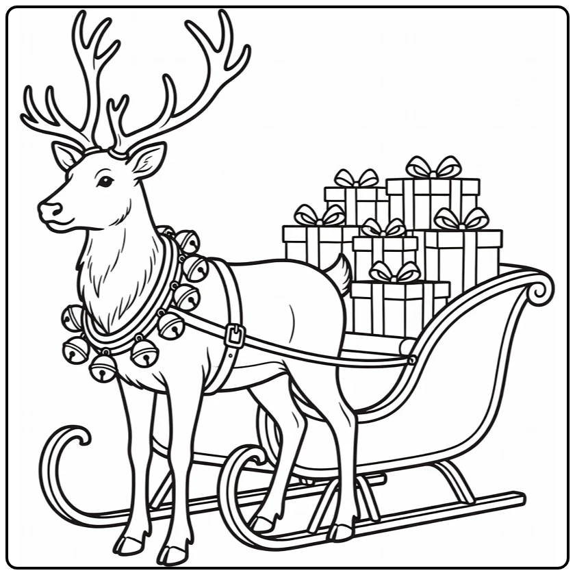 Kerstmis Kleurplaat rendier met belletjes bij slee