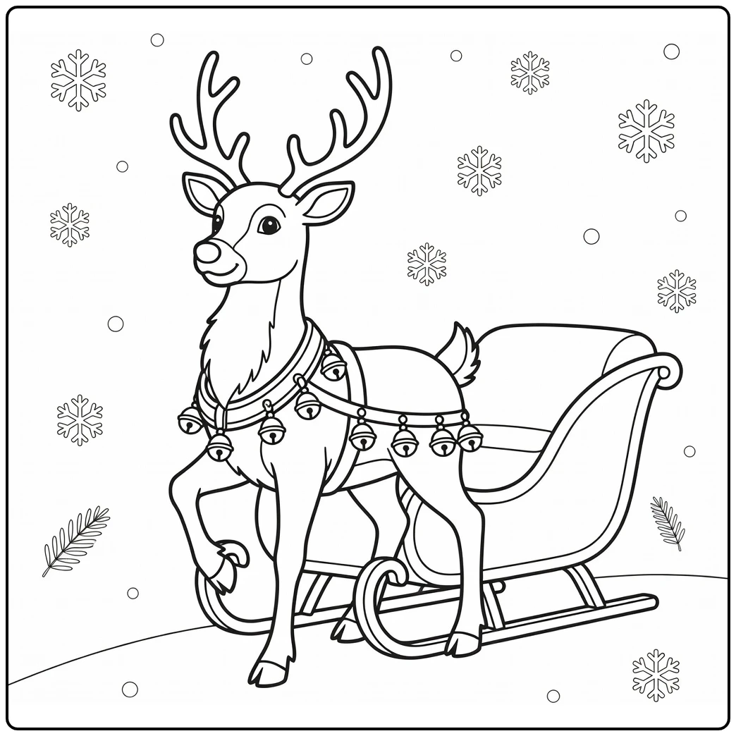 Kerstmis Kleurplaat Rudolph rendier trots naast slee