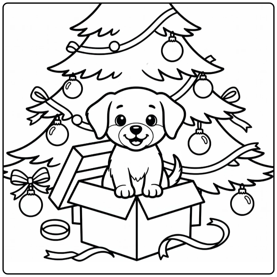 Kerstmis Kleurplaat met puppy in geschenkdoos onder boom