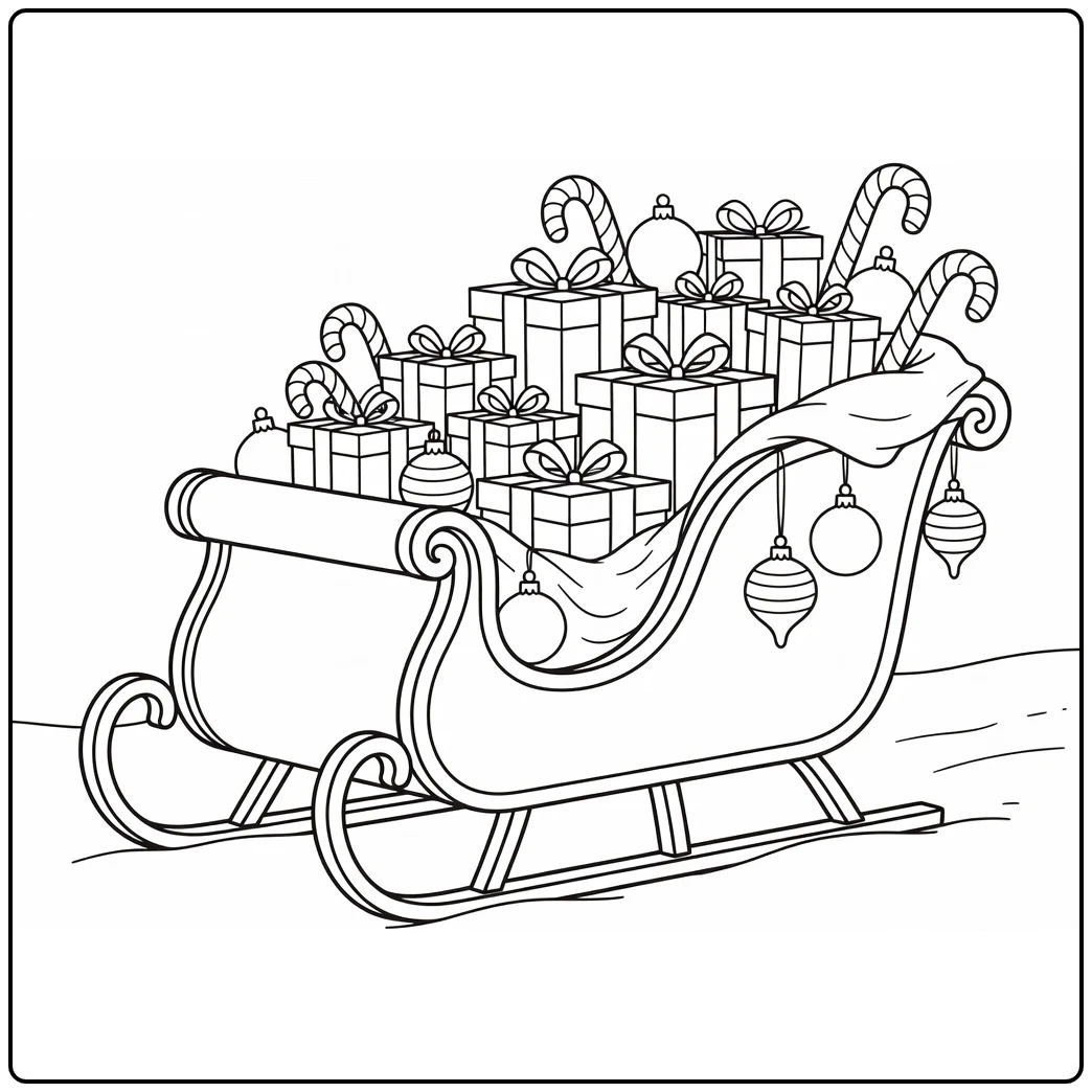 Kerstmis Kleurplaat met slee vol cadeaus en zuurstokken