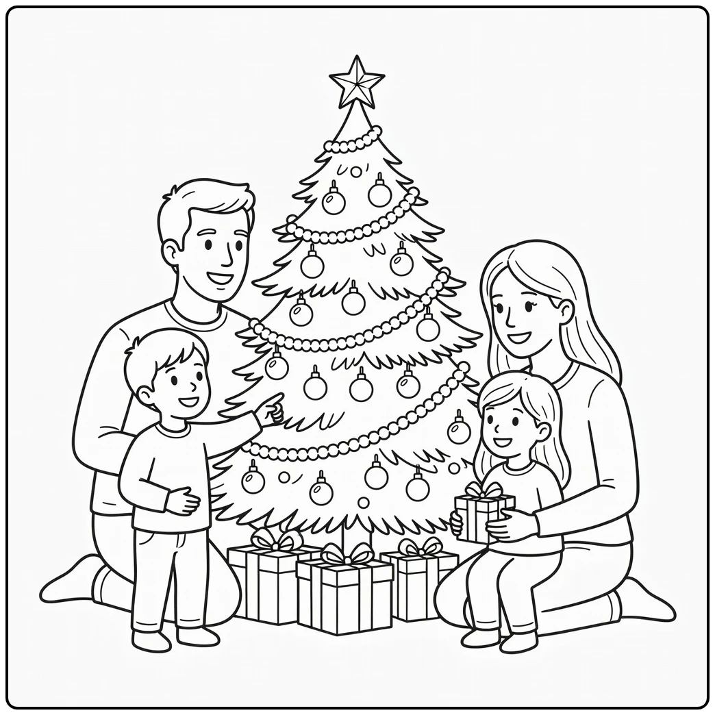 Kerstmis Kleurplaat blije familie rond kerstboom met cadeaus
