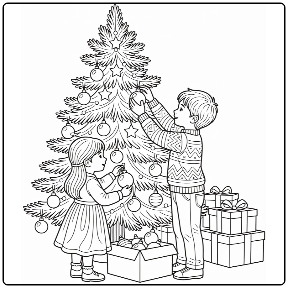 Kerstmis Kleurplaat kinderen versieren kerstboom met cadeaus