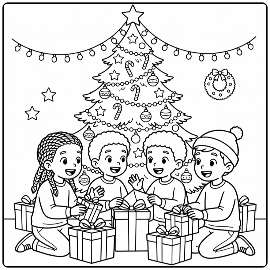 Kerstmis Kleurplaat kinderen openen cadeaus onder boom
