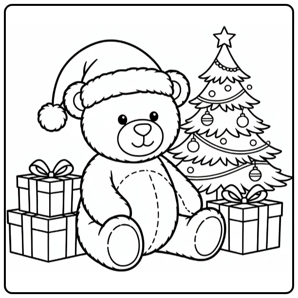 Kerstmis Kleurplaat teddybeer met kerstmuts en cadeaus