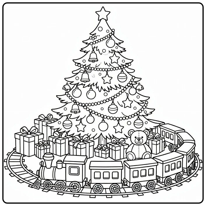 Kerstmis Kleurplaat trein rond kerstboom met cadeaus