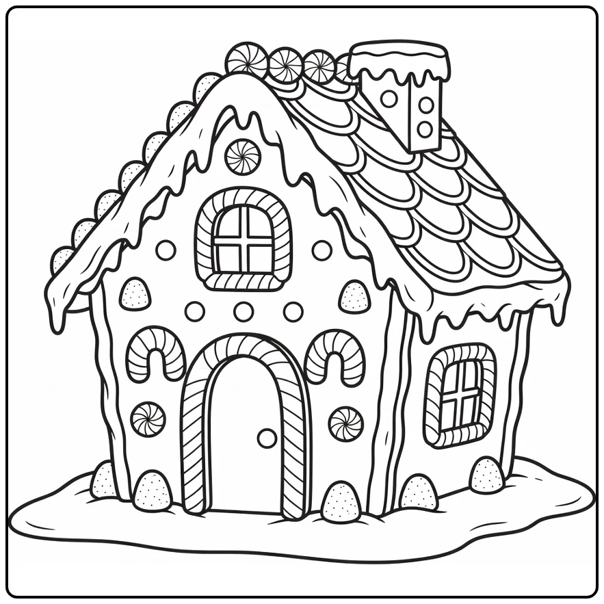Kerstmis Kleurplaat met peperkoekenhuis vol snoep