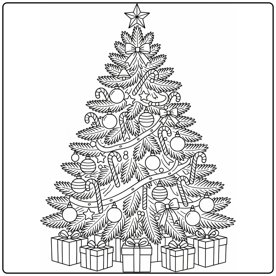 Kerstmis Kleurplaat met versierde kerstboom en cadeaus