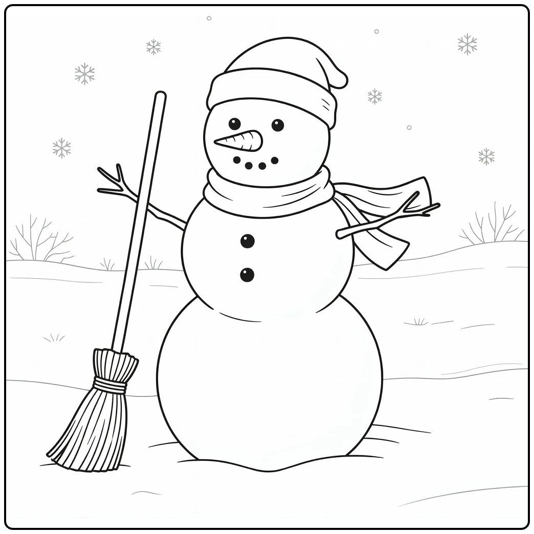 Kerstmis Kleurplaat vrolijke sneeuwman met wortelneus