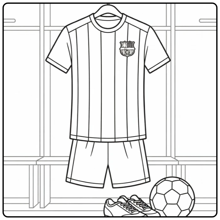 kleurplaat barcelona shirt met strepen badge shorts en bal