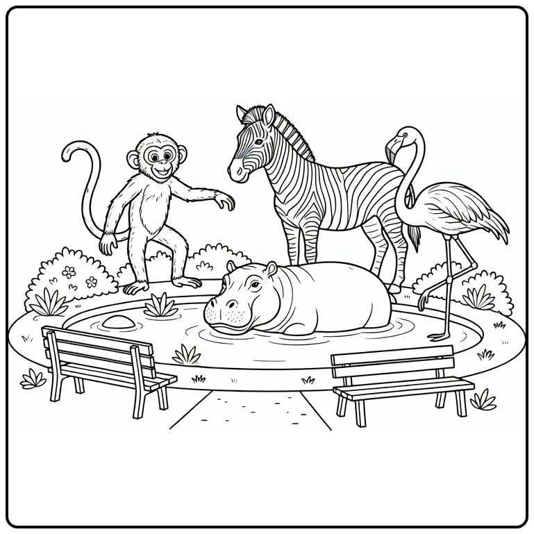 Kleurplaat dierentuin: aap, zebra, nijlpaard en flamingo