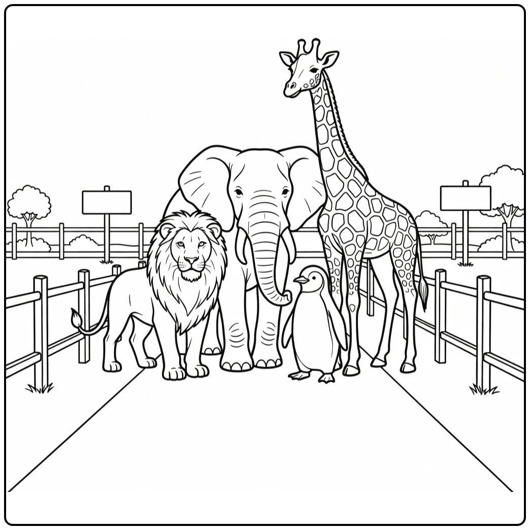 kleurplaat dierentuin met leeuw olifant giraffe en pinguïn