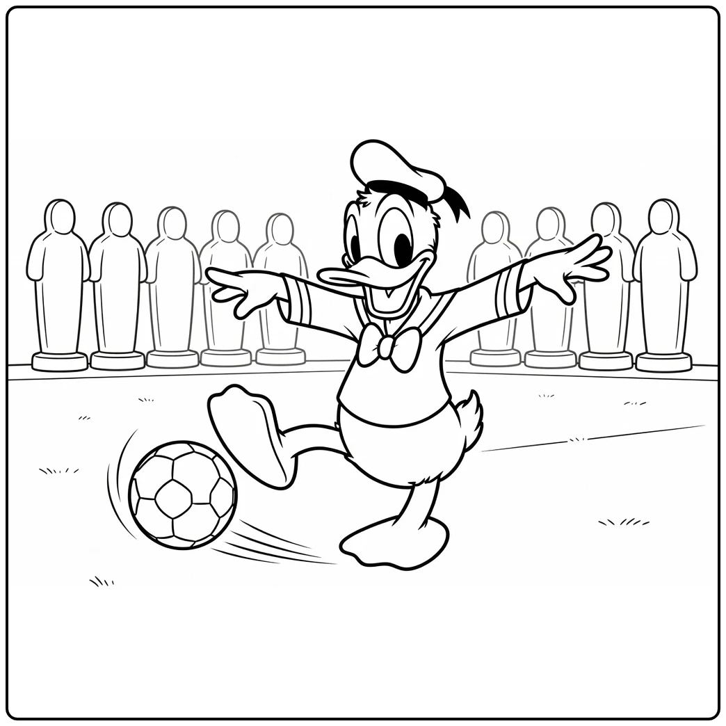kleurplaat donald duck voetbal Donald Duck met bal in actie
