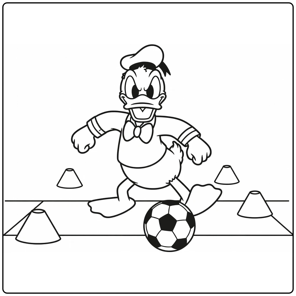 kleurplaat donald duck voetbal dribbelt bal om kegels