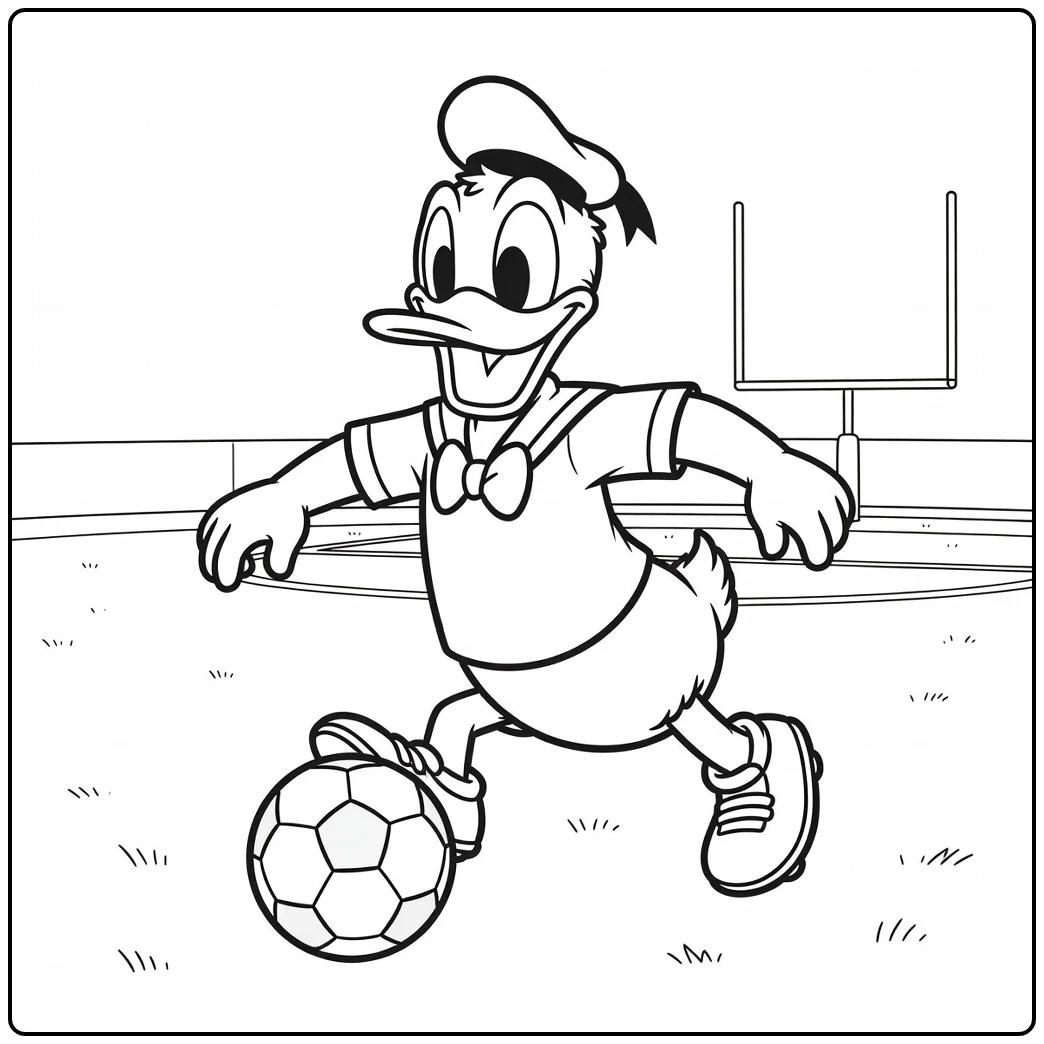 kleurplaat donald duck voetbal als energieke speler