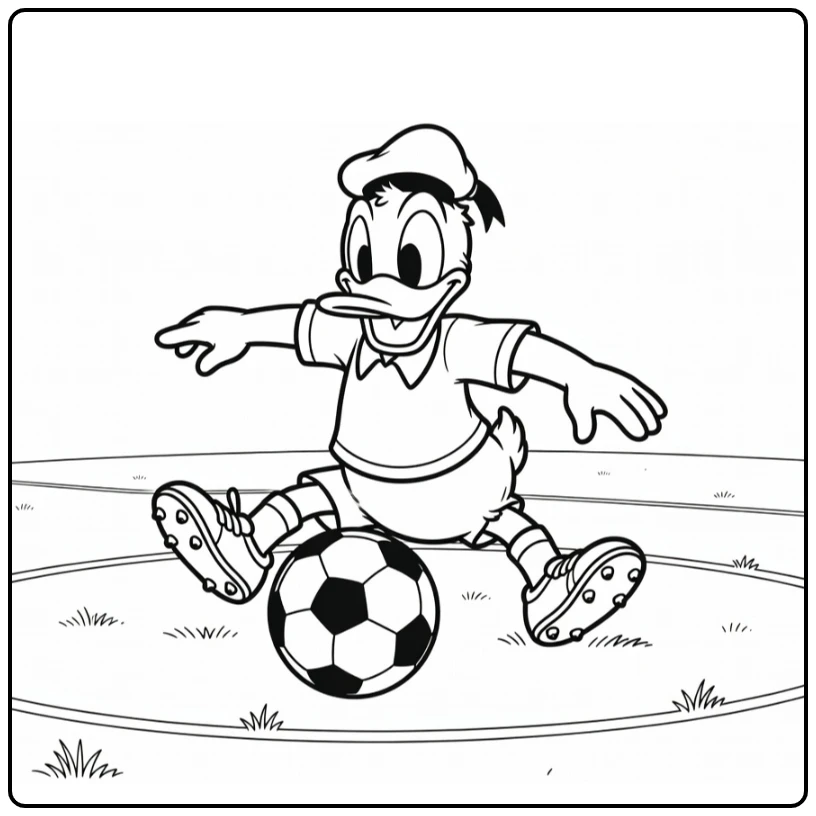 kleurplaat donald duck voetbal glijdend om bal te stoppen