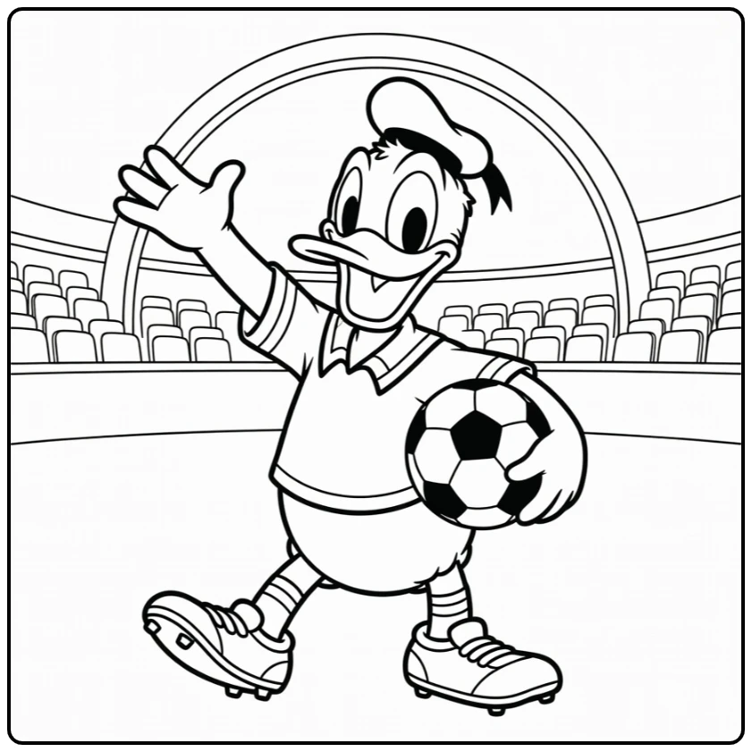kleurplaat donald duck voetbal met stadion en bal