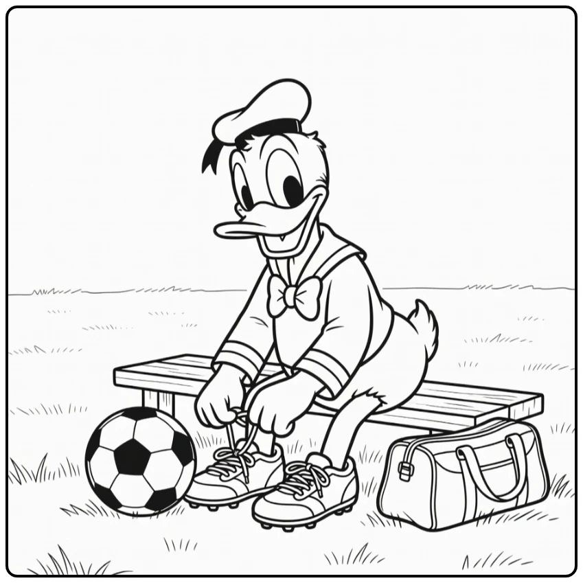 kleurplaat donald duck voetbal zittend op bank met bal