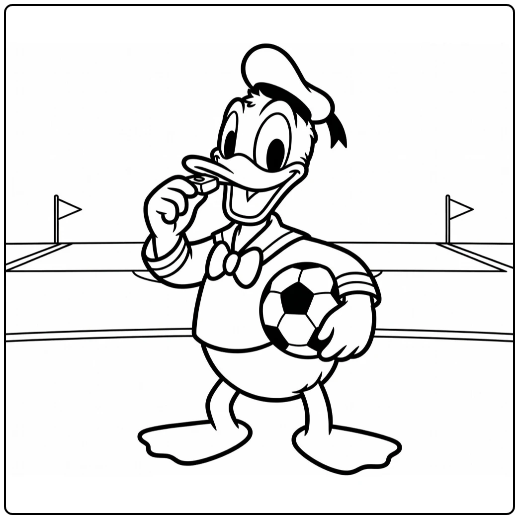 kleurplaat donald duck voetbal als fluitende scheidsrechter