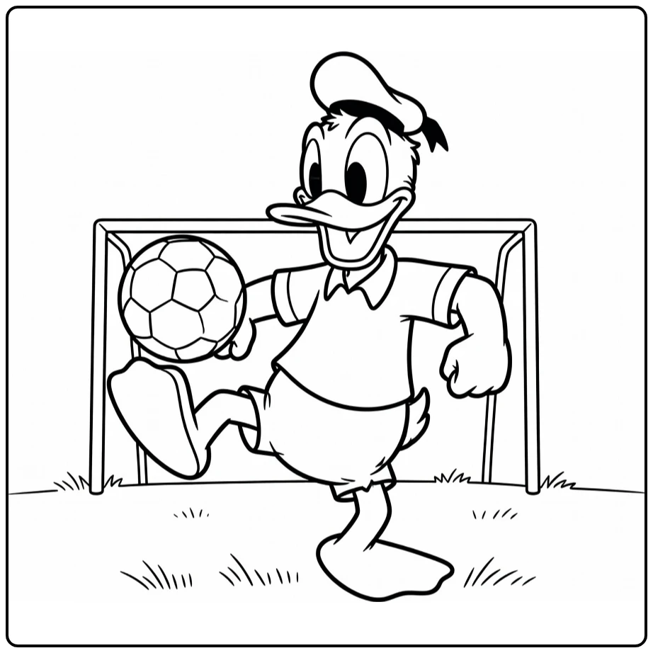 kleurplaat donald duck voetbal trapt bal met doelpaal