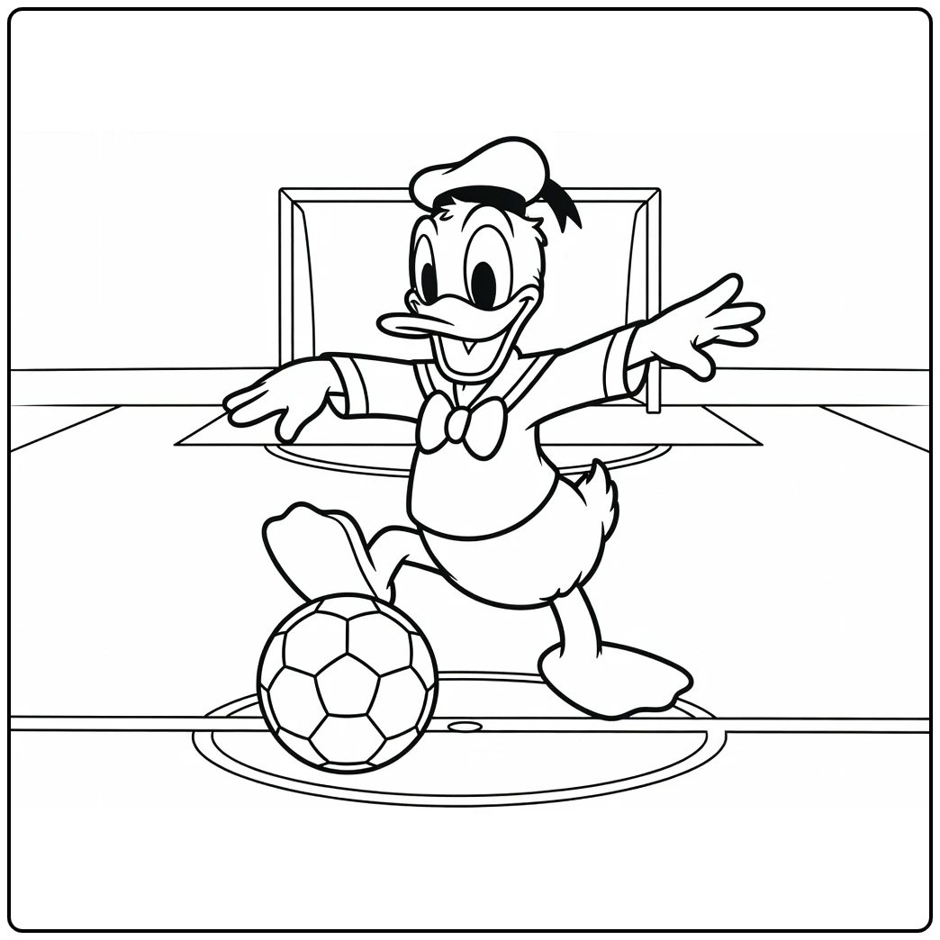 kleurplaat donald duck voetbal penalty kick nemen