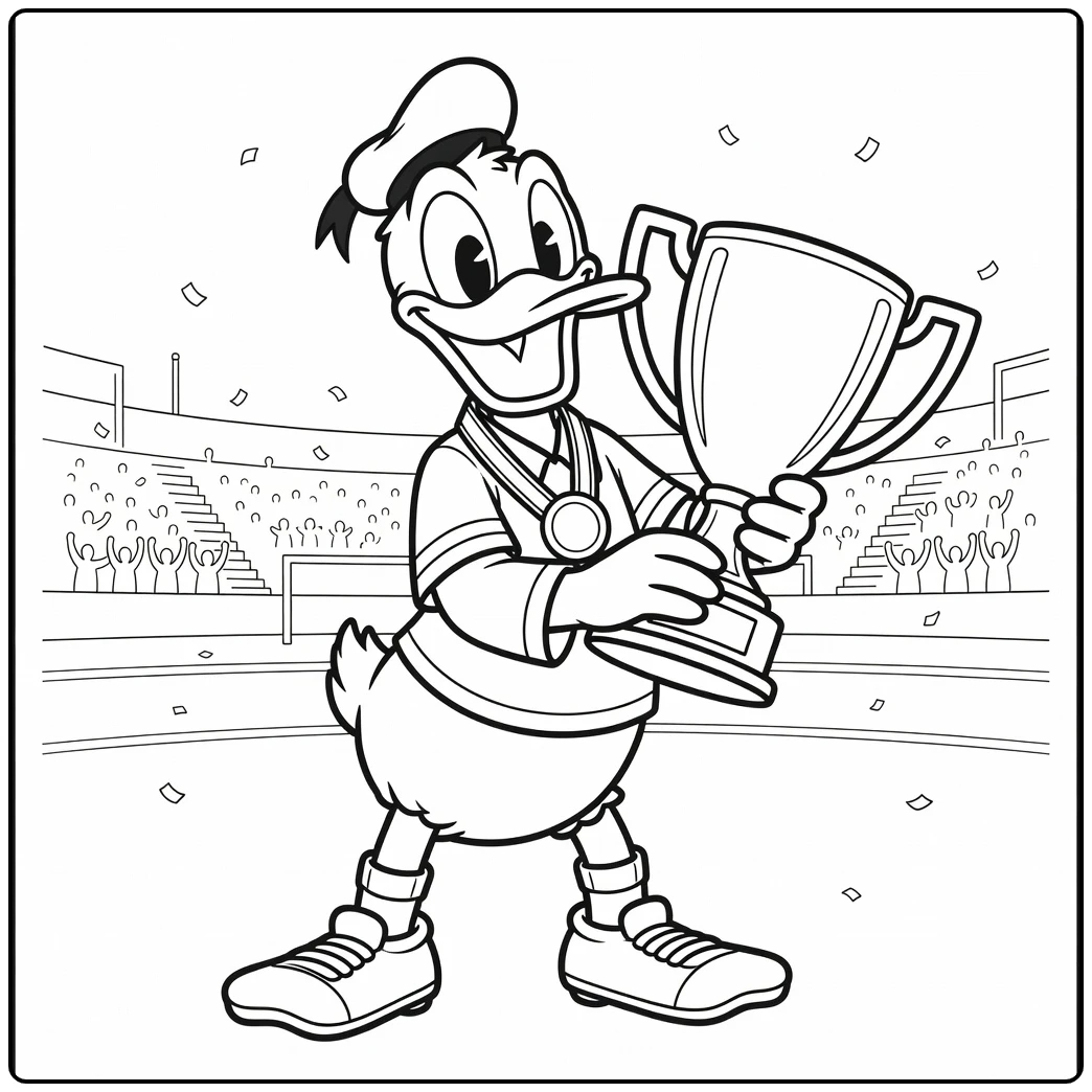 kleurplaat donald duck voetbal met trofee en medaille