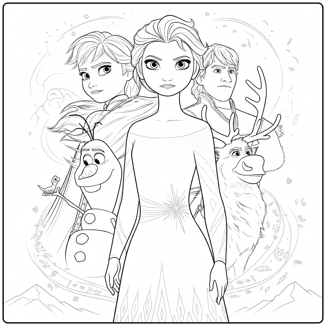 kleurplaat frozen 2 met Elsa Anna Olaf en Sven