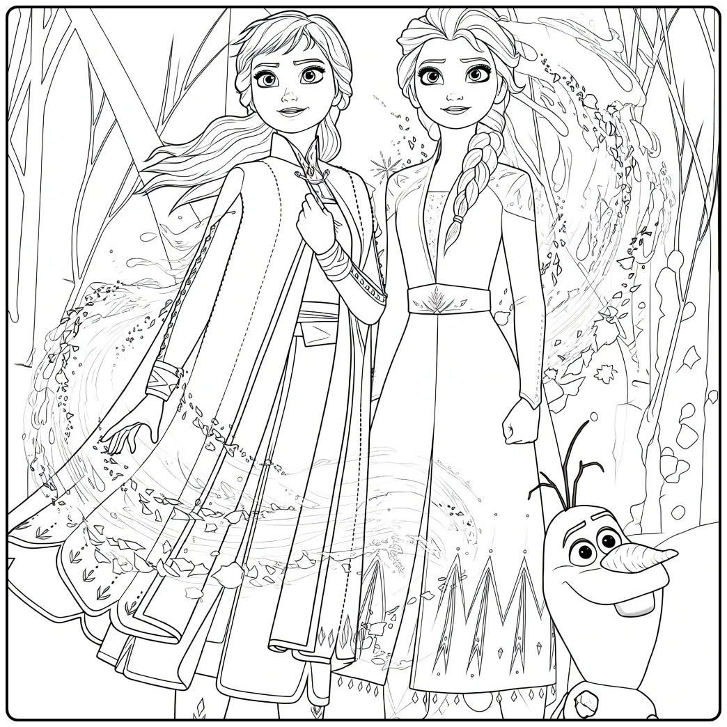 kleurplaat frozen 2 met Elsa Anna en Olaf in bos