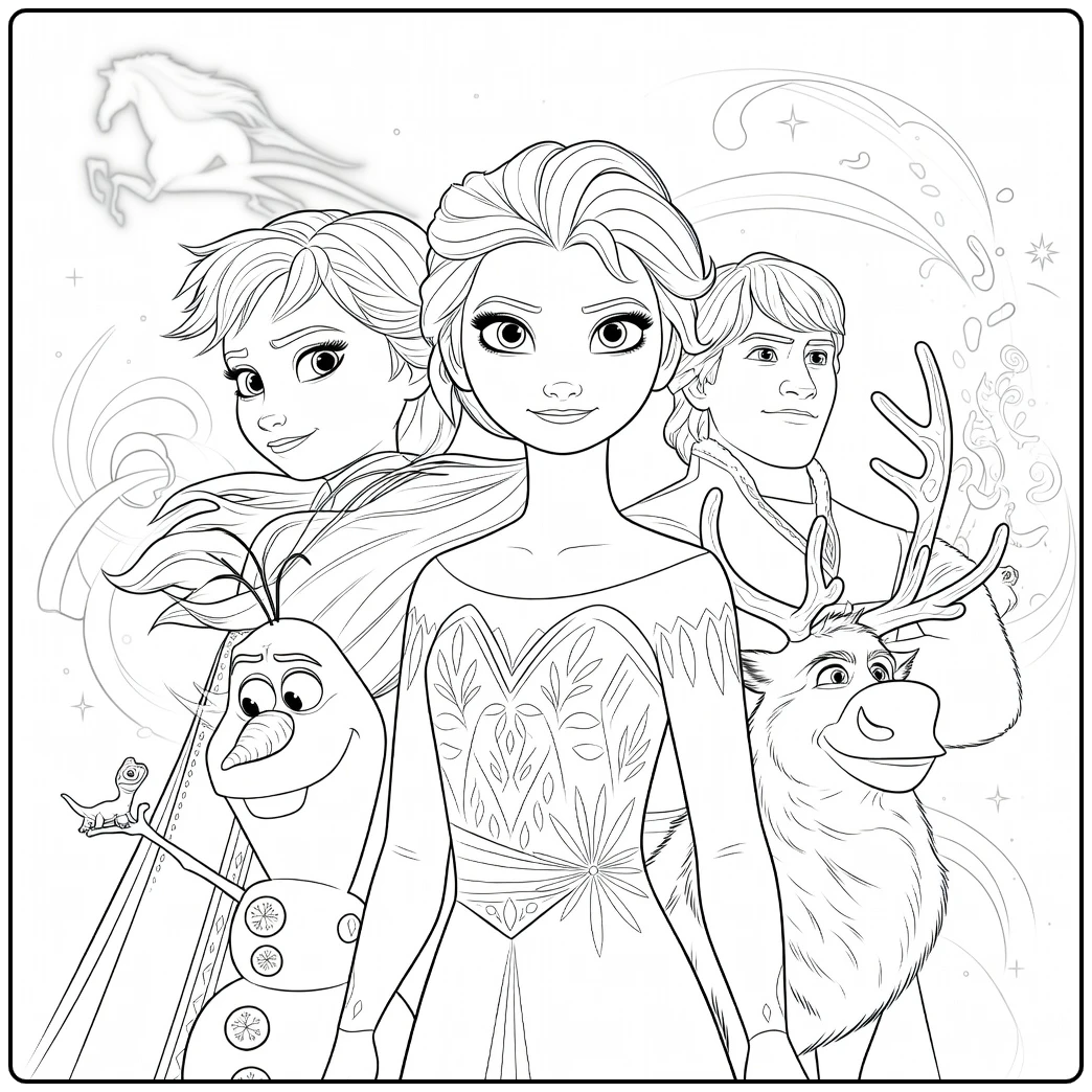 kleurplaat frozen 2 met Elsa Anna Olaf en Sven