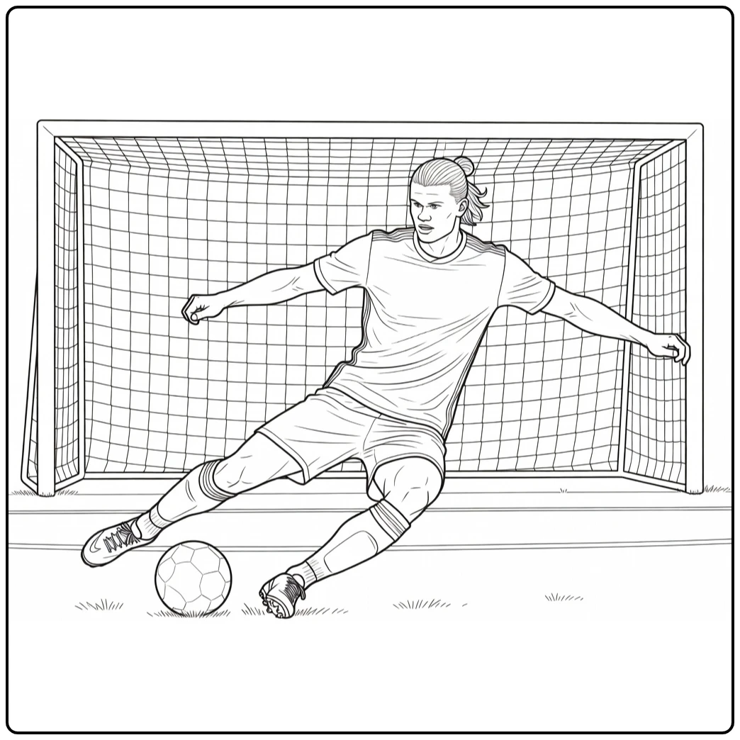 kleurplaat haaland sliding finish bij doel