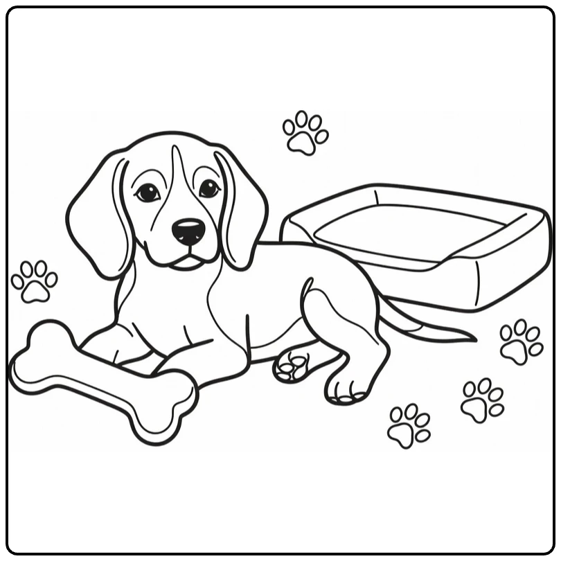 kleurplaat huisdieren met beagle puppy liggend bij kauwspeeltje