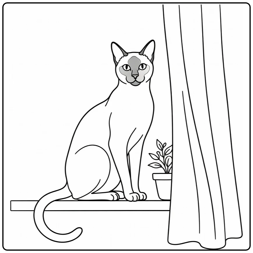 kleurplaat huisdieren Siamese kat op vensterbank met plant