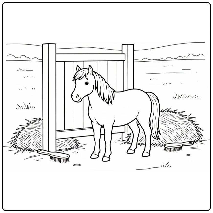 kleurplaat huisdieren pony bij stalpoort met hooi