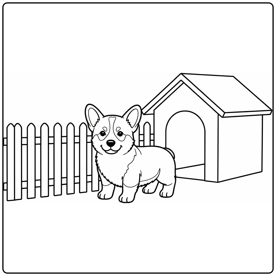 kleurplaat huisdieren corgi puppy bij hek en hondenhok