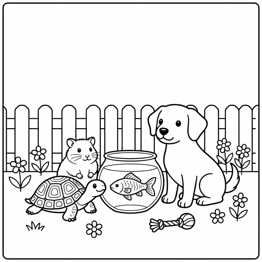 kleurplaat huisdieren hamster schildpad vis en hond in tuin