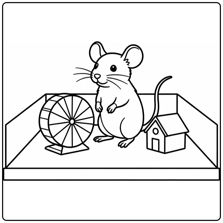 kleurplaat huisdieren muis met voerwiel en huisje