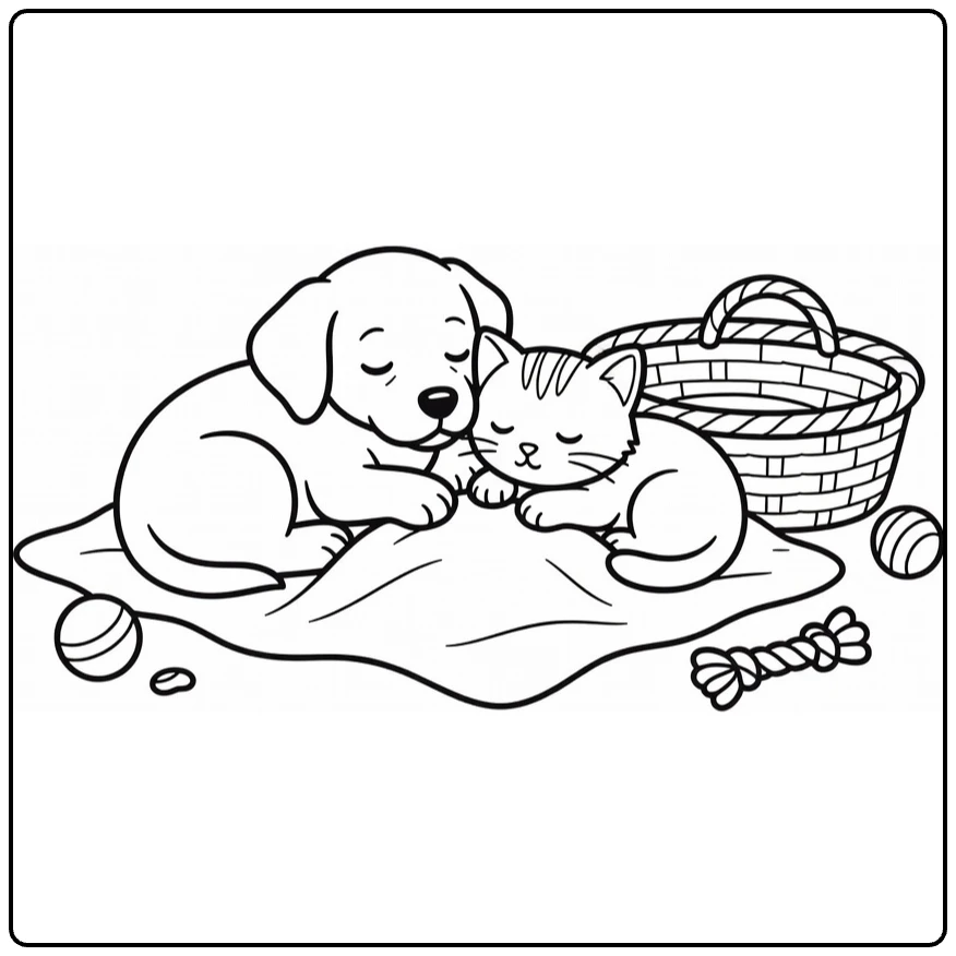 kleurplaat huisdieren met slapende puppy en kitten