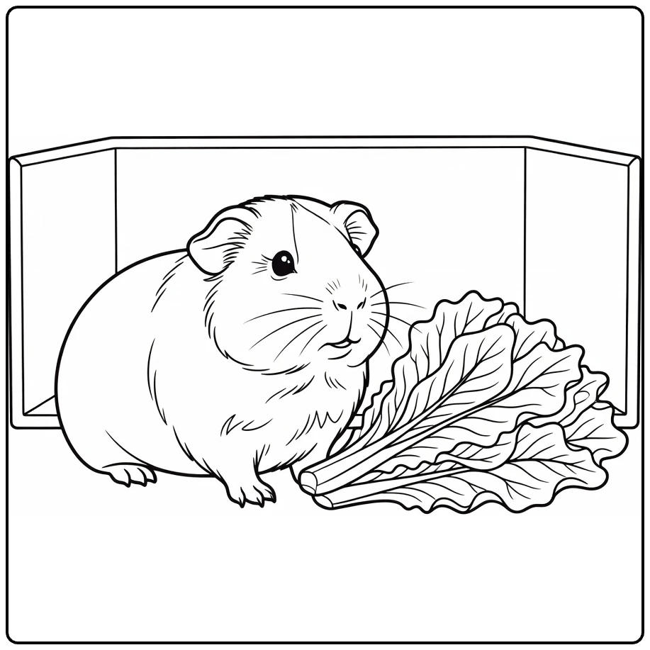 kleurplaat huisdieren met schattige cavia naast sla