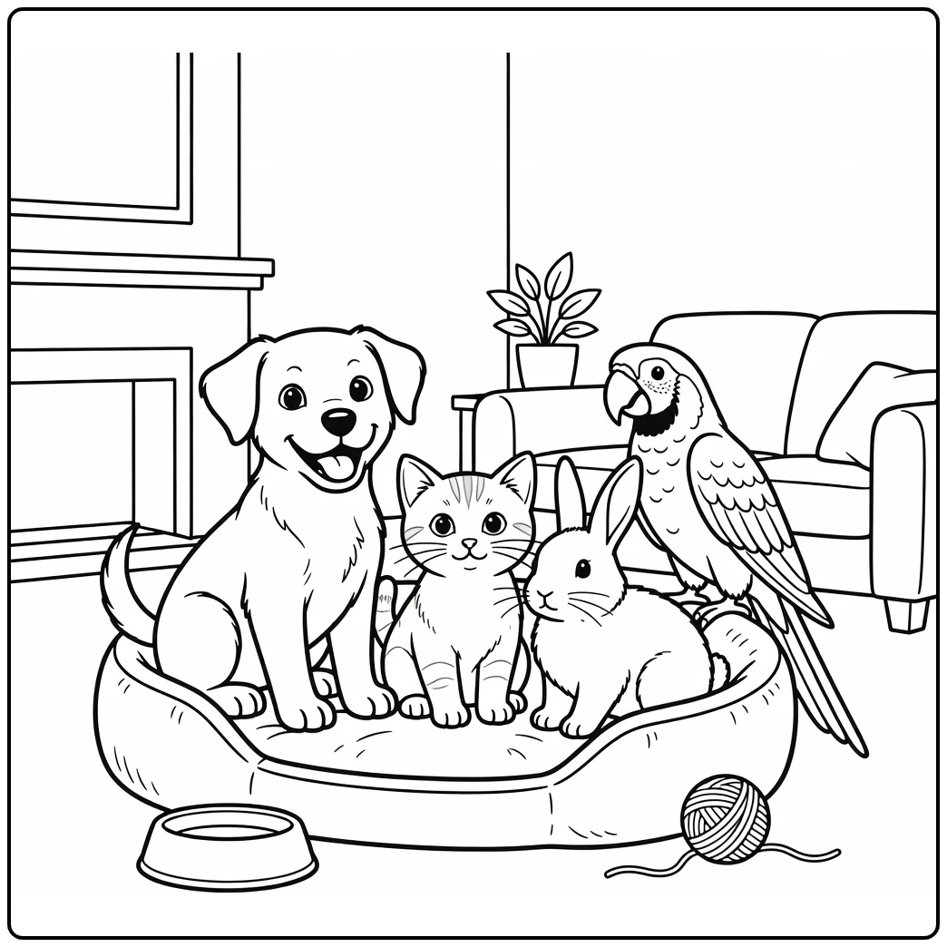 kleurplaat huisdieren met puppy kitten konijn papegaai