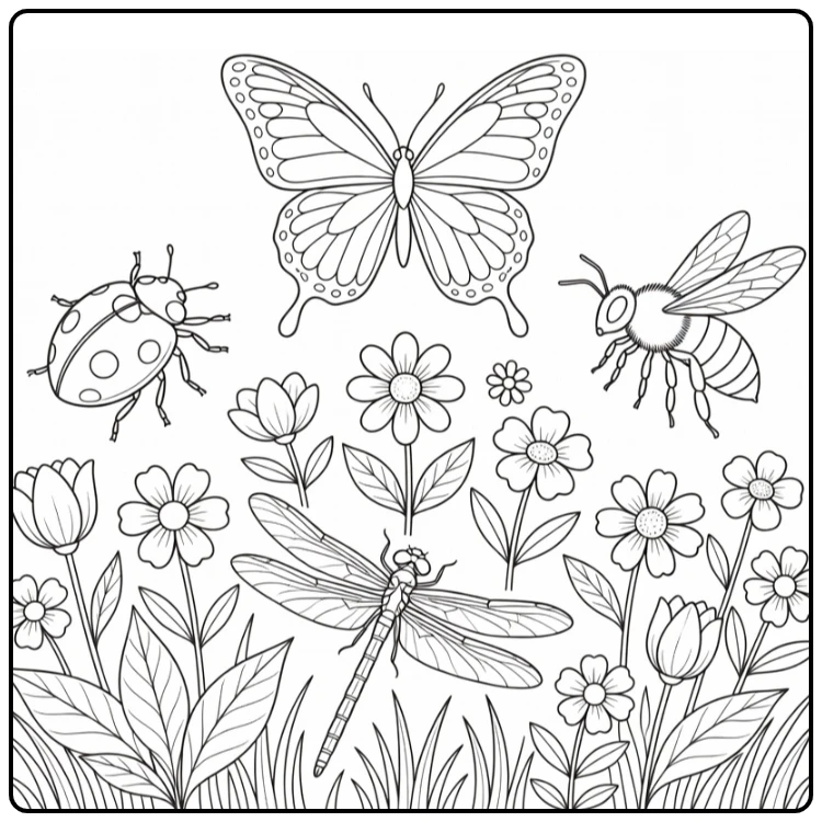 kleurplaat insecten met vlinder en bij in tuin