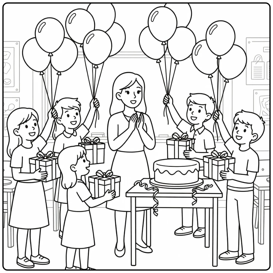 kleurplaat juffendag met juf en leerlingen ballonnen cadeaus
