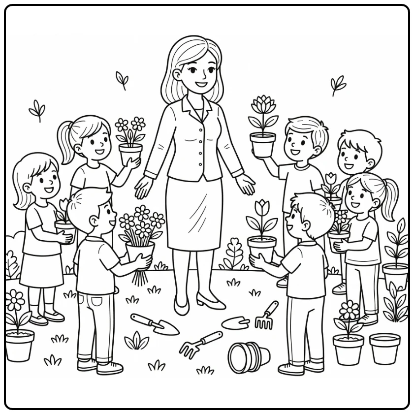 kleurplaat juffendag met lerares en leerlingen in schooltuin