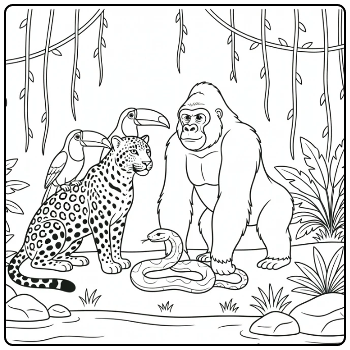 Kleurplaat jungle dieren met luipaard toekan gorilla