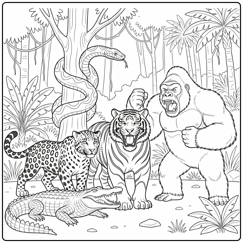 kleurplaat jungle dieren met tijger en gorilla