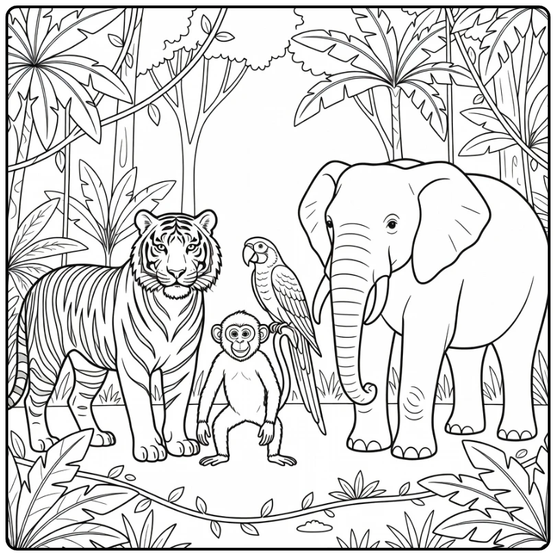 kleurplaat jungle dieren met tijger aap papegaai en olifant