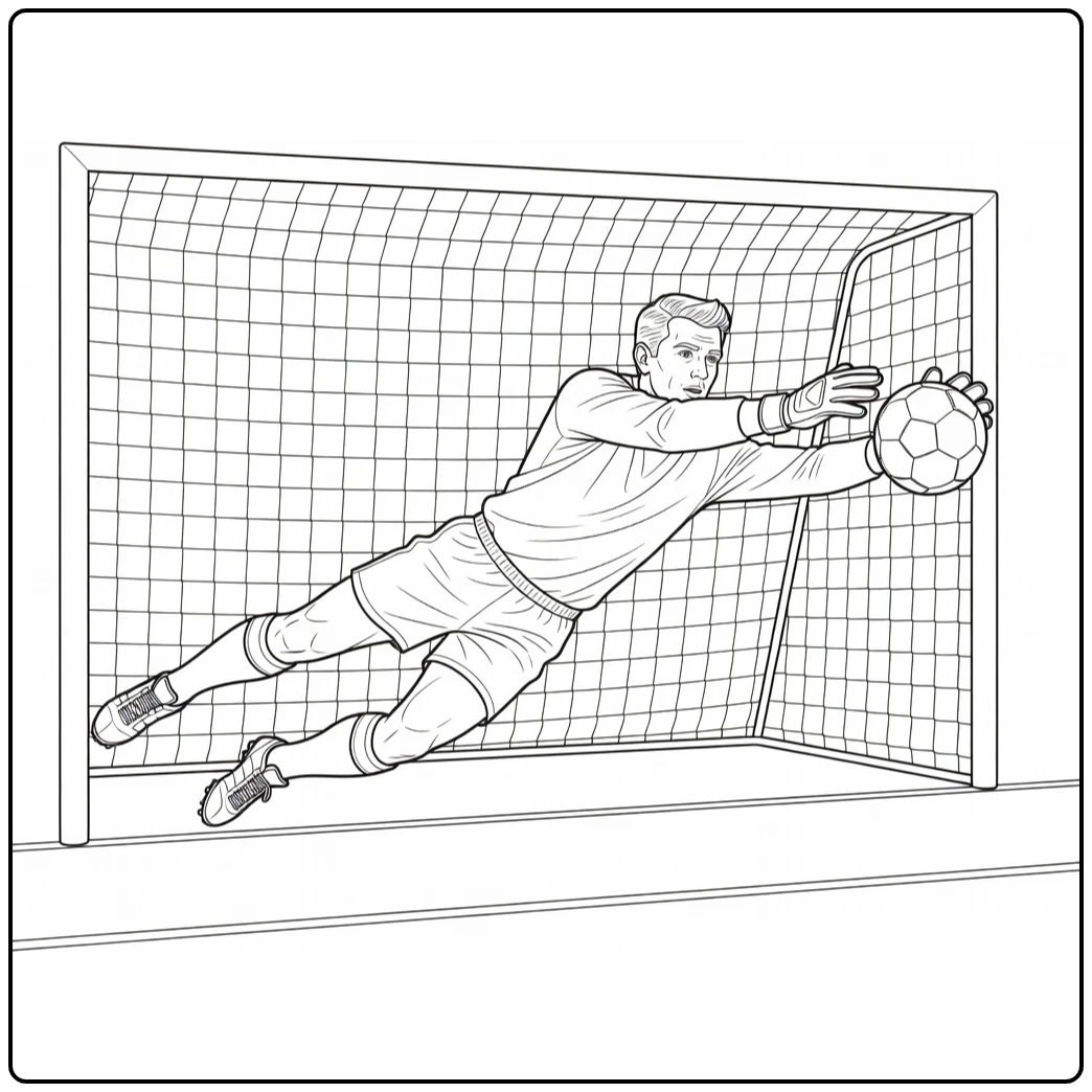 Kleurplaat keeper duikt om krachtig schot te redden