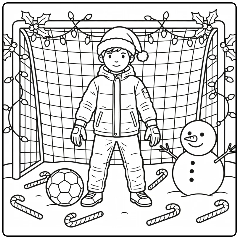Kleurplaat Kerst Voetbal van keeper met kerstmuts