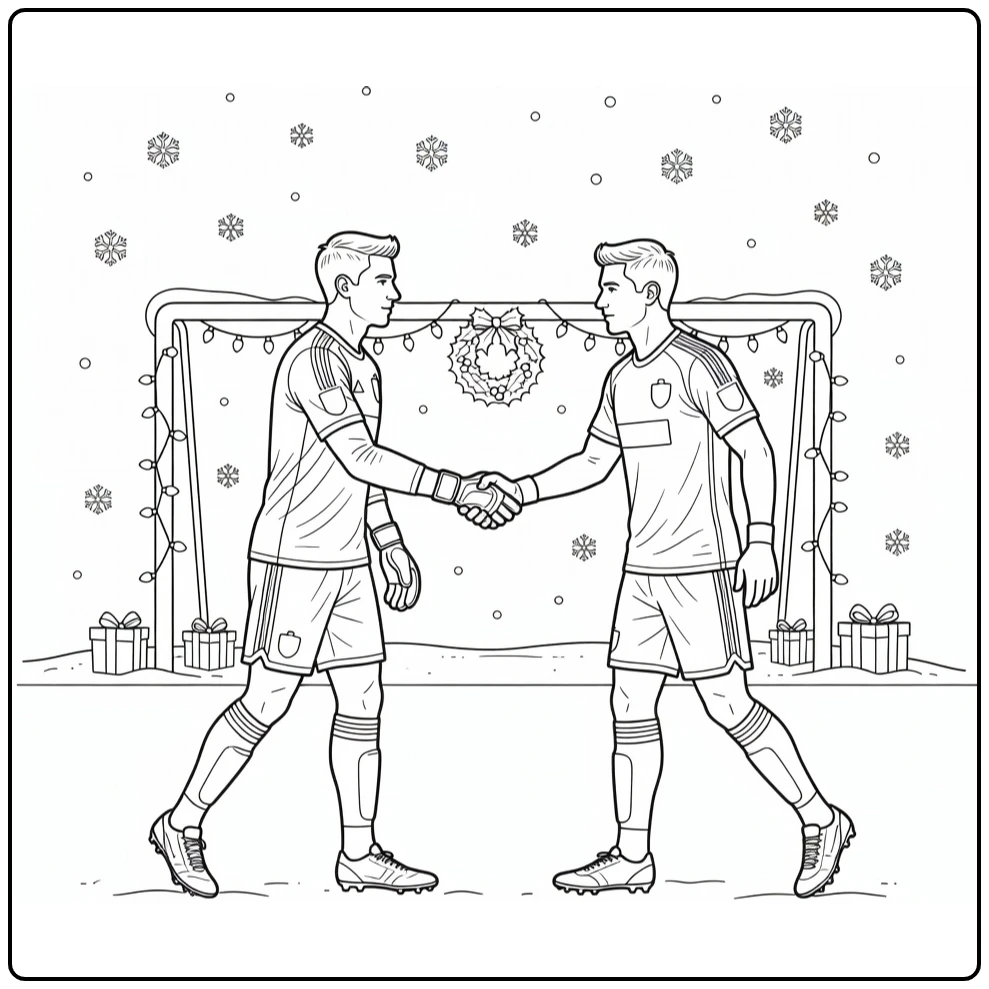kleurplaat kerst voetbal met keeper en striker handen schudden