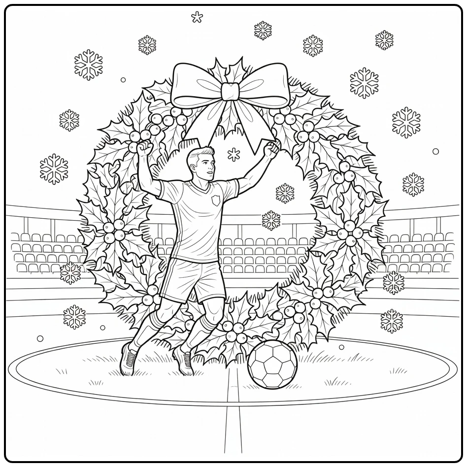 kleurplaat kerst voetbal speler viert bij grote kerstkrans