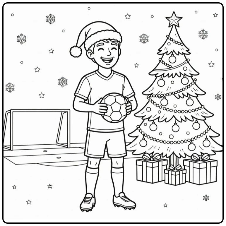 Kleurplaat Kerst Voetbal van speler met kerstmuts