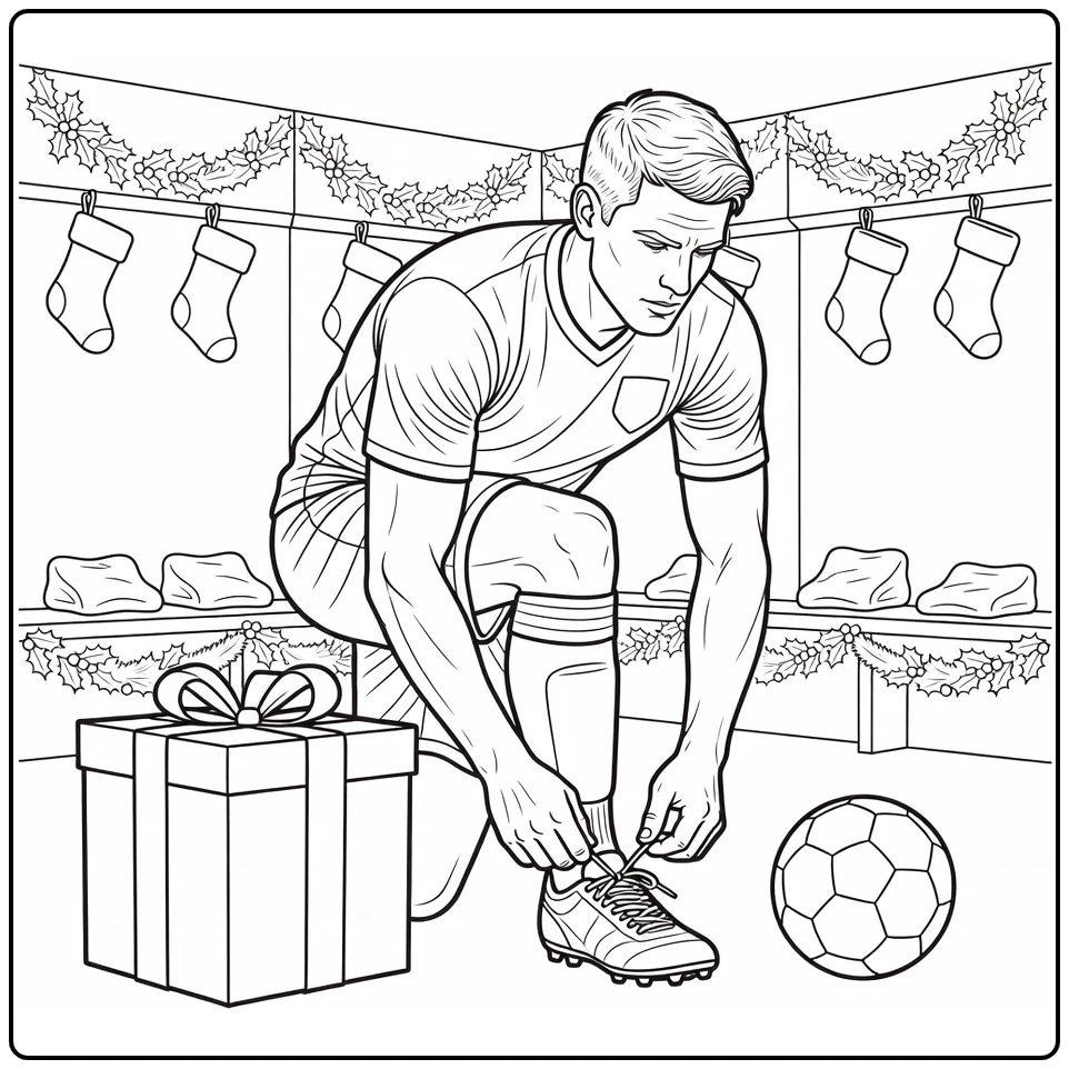 kleurplaat kerst voetbal speler bindt veters bij cadeau
